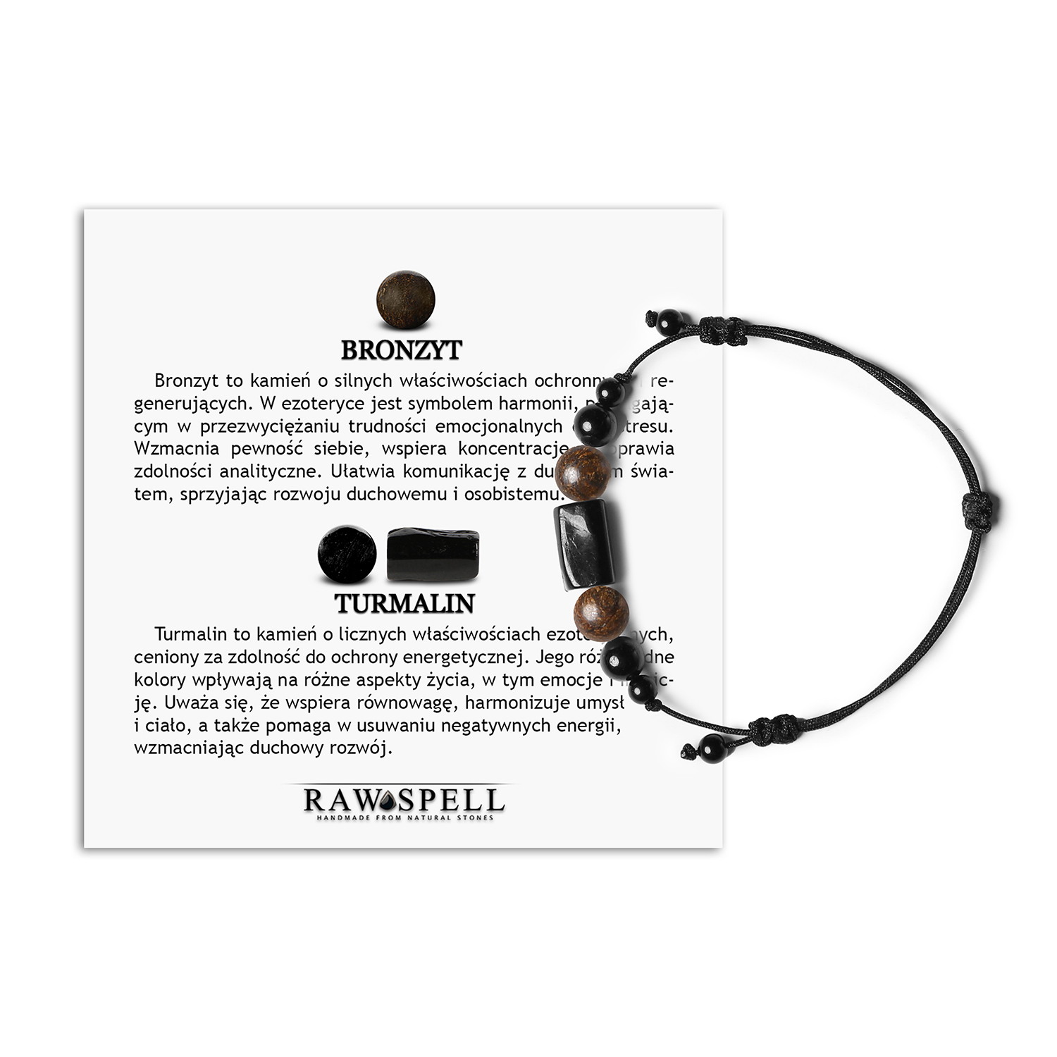 Bransoletka na sznurku Inare z brązytem i turmalinem dla kobiet i mężczyzn Bransoletka Inare z naturalnymi kamieniami bronzyt i turmalin, unisex, doskonała na każdą okazję.