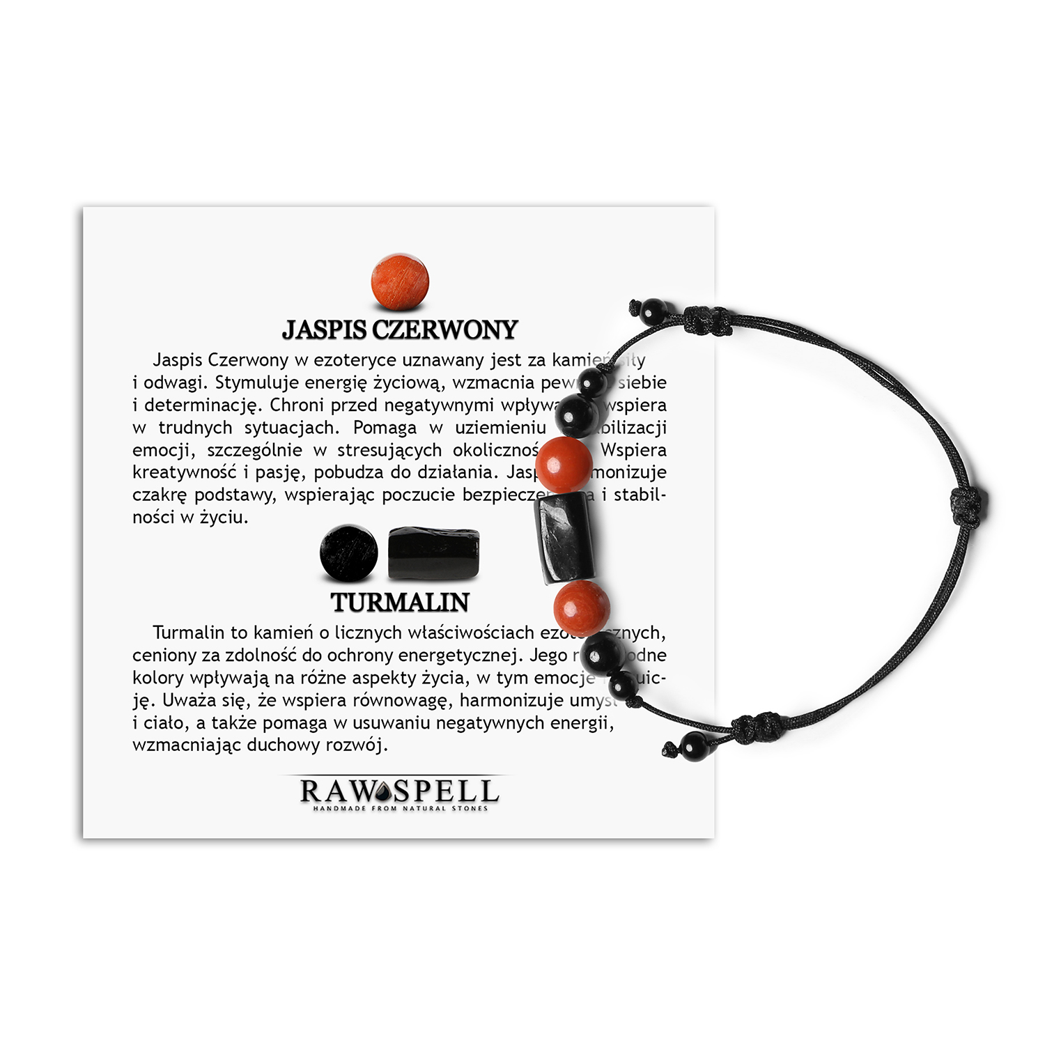 Bransoletka na sznurku Inare z czerwonym jaspisem i turmalinem, dostępna dla kobiet i mężczyzn Stylowa bransoletka Inare wykonana z naturalnych kamieni - jaspis czerwony i turmalin, idealna dla kobiet i mężczyzn.