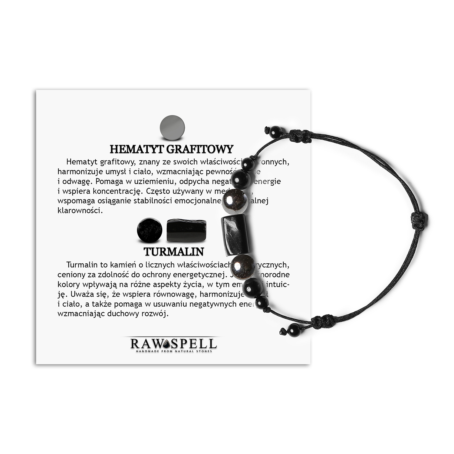 Bransoletka na sznurku Inare z hematytem grafitowym i turmalinem dla kobiet i mężczyzn Elegancka bransoletka unisex z kolekcji Inare, ozdobiona naturalnymi kamieniami hematytu grafitowego oraz turmalinu.