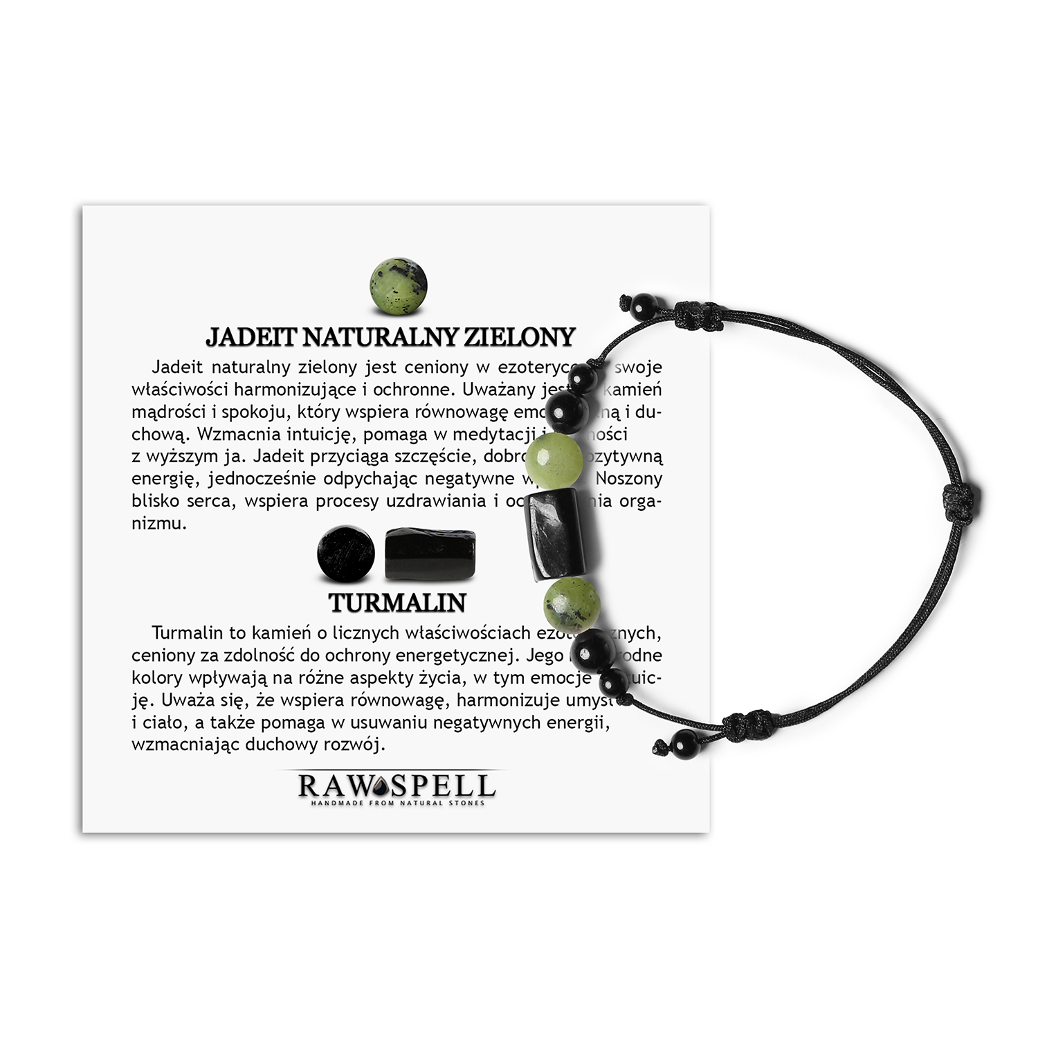 Bransoletka na sznurku Inare z jadeitem zielonym i turmalinem, odpowiednia dla kobiet i mężczyzn Bransoletka z kolekcji Inare, z kamieniami jadeitu zielonego i turmalinu, unisex, doskonała dla każdego.