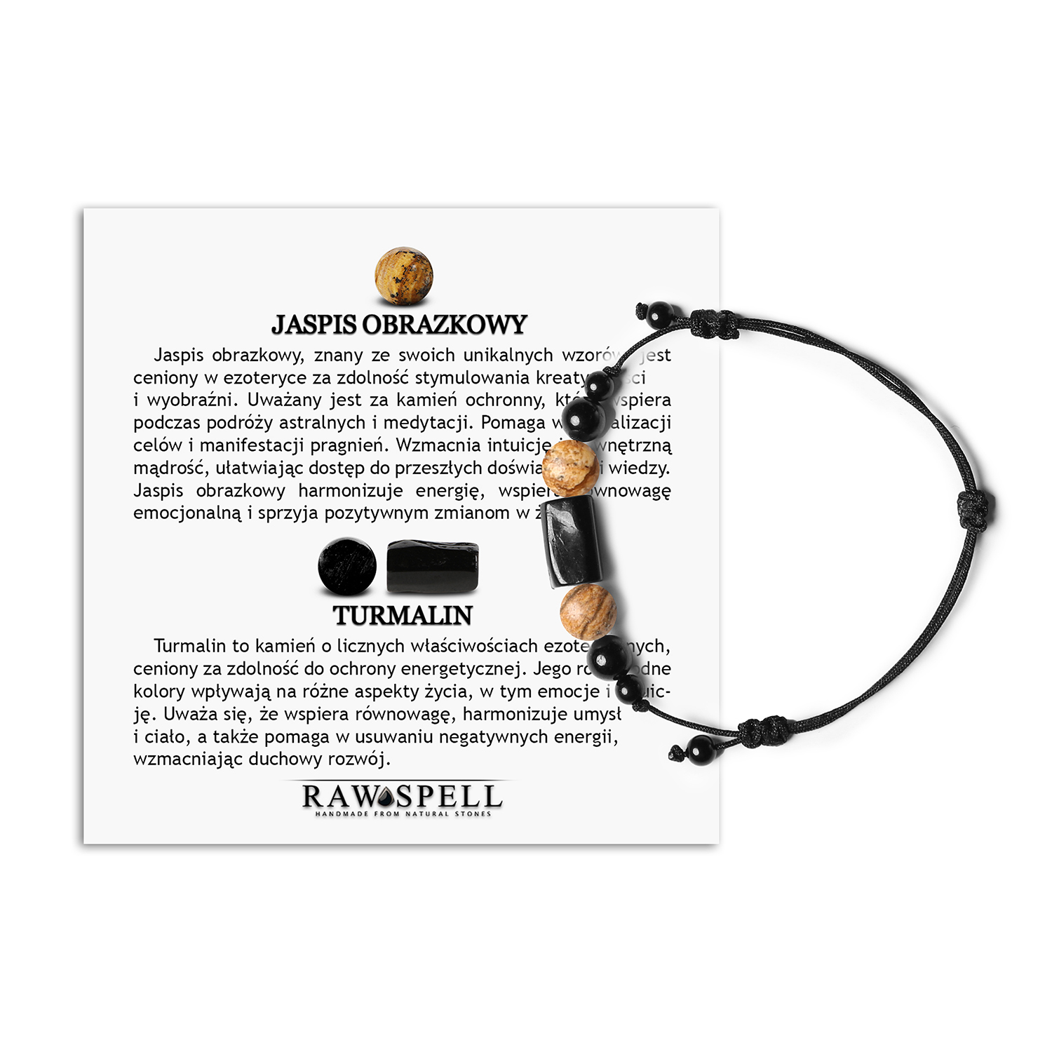 Bransoletka na sznurku Inare z jaspisem obrazkowym i turmalinem, damska oraz męska Elegancka bransoletka z kolekcji Inare wykonana z kamieni naturalnych: jaspisu obrazkowego i turmalinu, dostępna dla kobiet i mężczyzn.