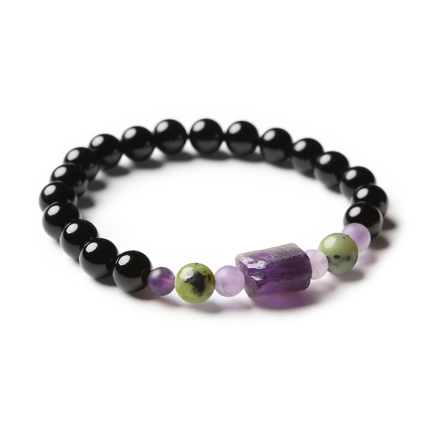 Bransoletka Kema z kamieniami naturalnymi: zielony jadeit, ametyst i onyks, unisex - idealny dodatek dla kobiet i mężczyzn.