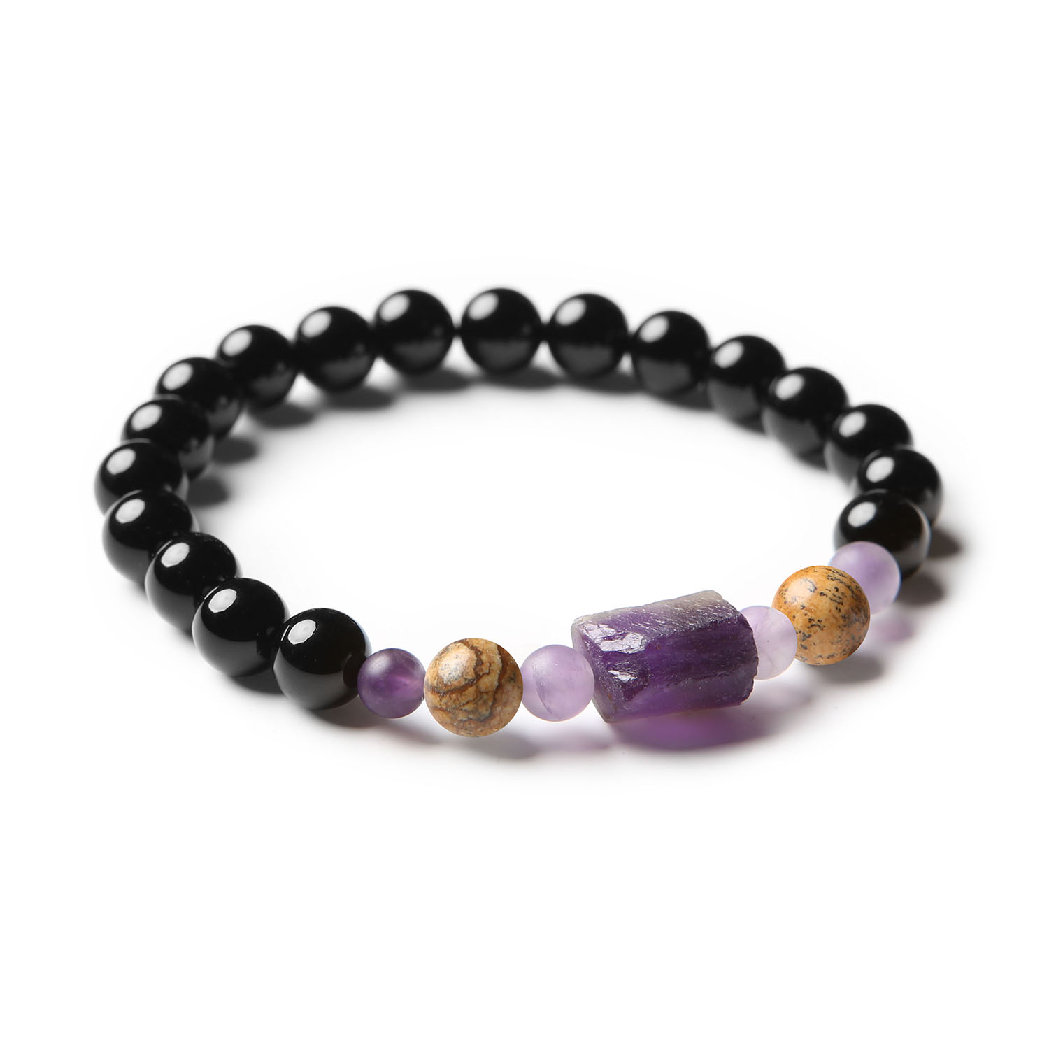 Bransoletka Kema z jaspisem obrazkowym, ametystem i onyksem - unikalny dodatek dla kobiet i mężczyzn, wykonana z kamieni naturalnych.