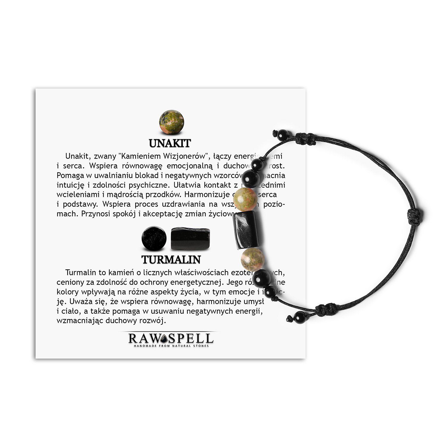 Bransoletka na sznurku Unakit i Turmalin z kolekcji Inare dla kobiet i mężczyzn Bransoletka Inare z kamieniami unakit i turmalin, uniwersalna biżuteria dla płci pięknej i męskiej.