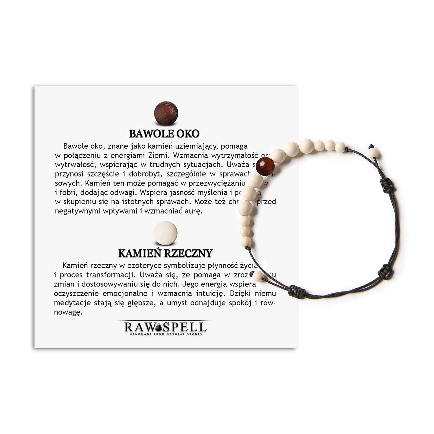 Bransoletka na sznurku z Bawolim Okiem i Kamieniem Rzecznym z kolekcji Jaue, dostępna w wersji damskiej i męskiej Bransoletka z kolekcji Jaue, z kamieniami Bawole Oko i Kamień Rzeczny, pasująca zarówno dla kobiet, jak i mężczyzn.