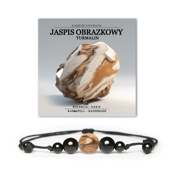 Bransoletka unisex z kolekcji Garie, z naturalnym jaspisem obrazkowym i turmalinem, idealny dodatek dla każdego.