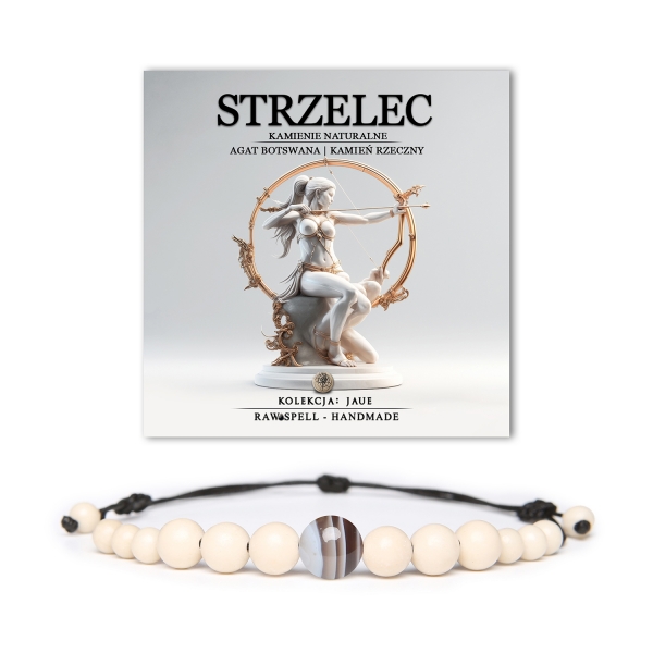Bransoletka na sznurku z naturalnych kamieni, w tym Agatu Botswany i Kamienia Rzecznego, symbolizująca znaki Zodiaku, idealna dla Strzelców.