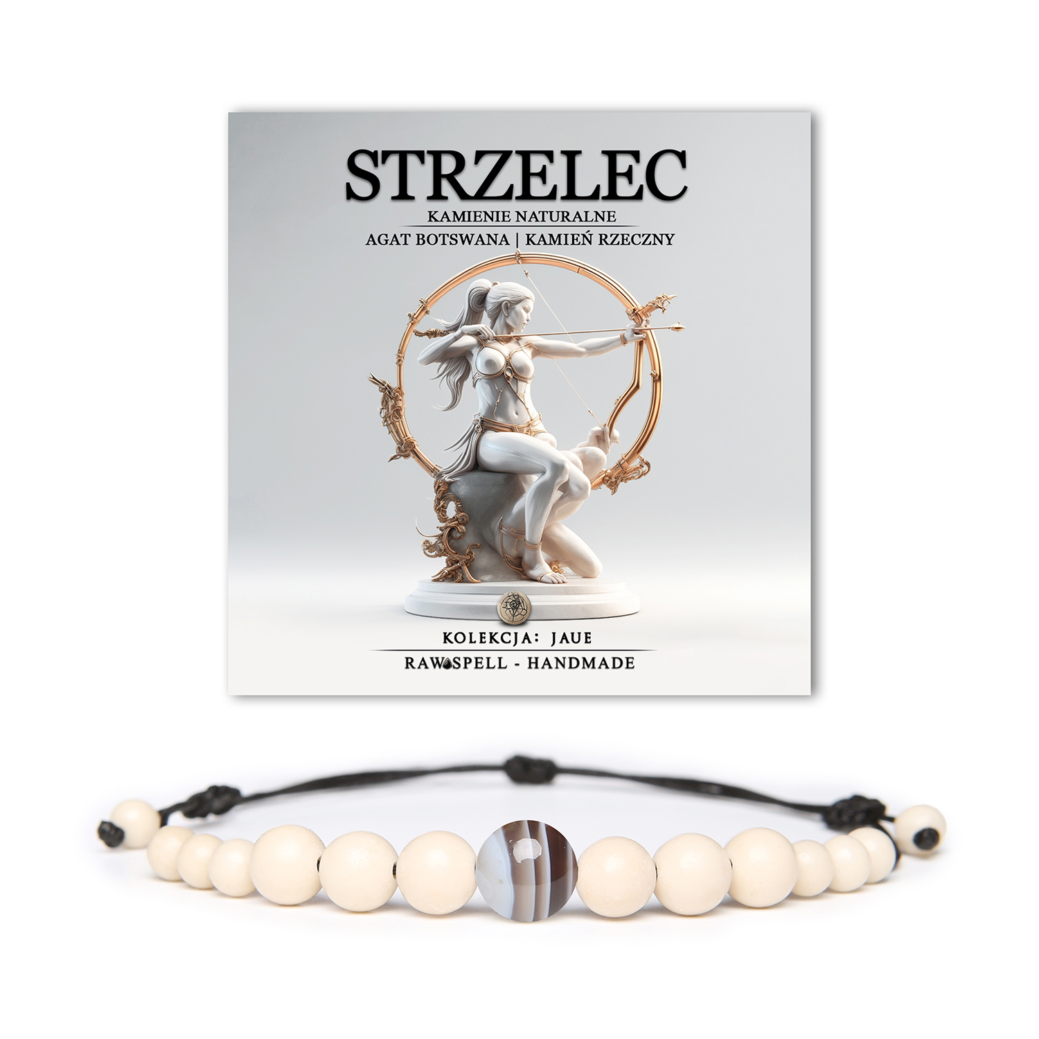 Bransoletka na sznurku z naturalnych kamieni, w tym Agatu Botswany i Kamienia Rzecznego, symbolizująca znaki Zodiaku, idealna dla Strzelców.