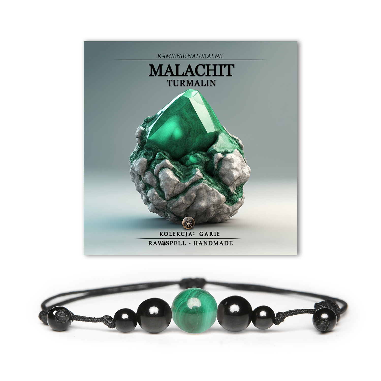 Elegancka bransoletka Garie z naturalnymi kamieniami malachit i turmalin, dostępna w wersji dla kobiet i mężczyzn.