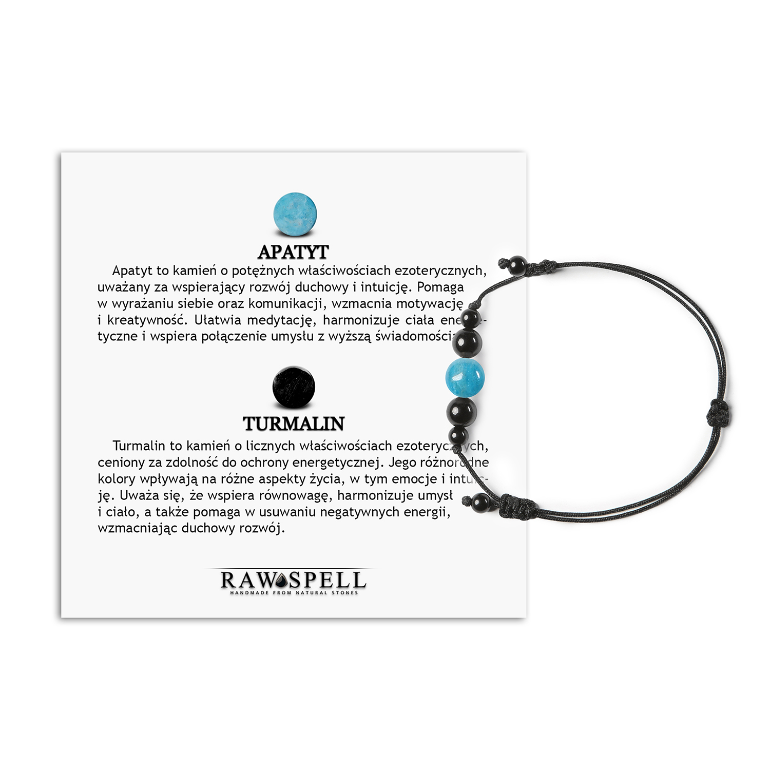 Bransoletka na sznurku z kolekcji Garie, wykonana z apatytów i turmalinów, uniwersalna dla niej i dla niego Bransoletka Garie z kamieniami apatyt i turmalin, doskonały dodatek dla każdej kobiety i mężczyzny.