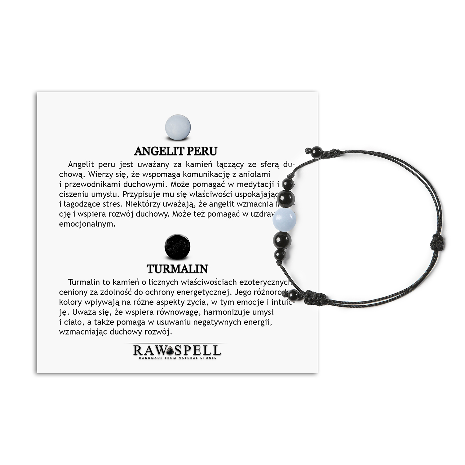 Bransoletka na sznurku z kolekcji Garie z Angelitem i Turmalinem, dostępna w wersjach dla niej i dla niego Bransoletka Garie z kamieni naturalnych: elegancki angelit z Peru i turmalin, doskonała dla obu płci.