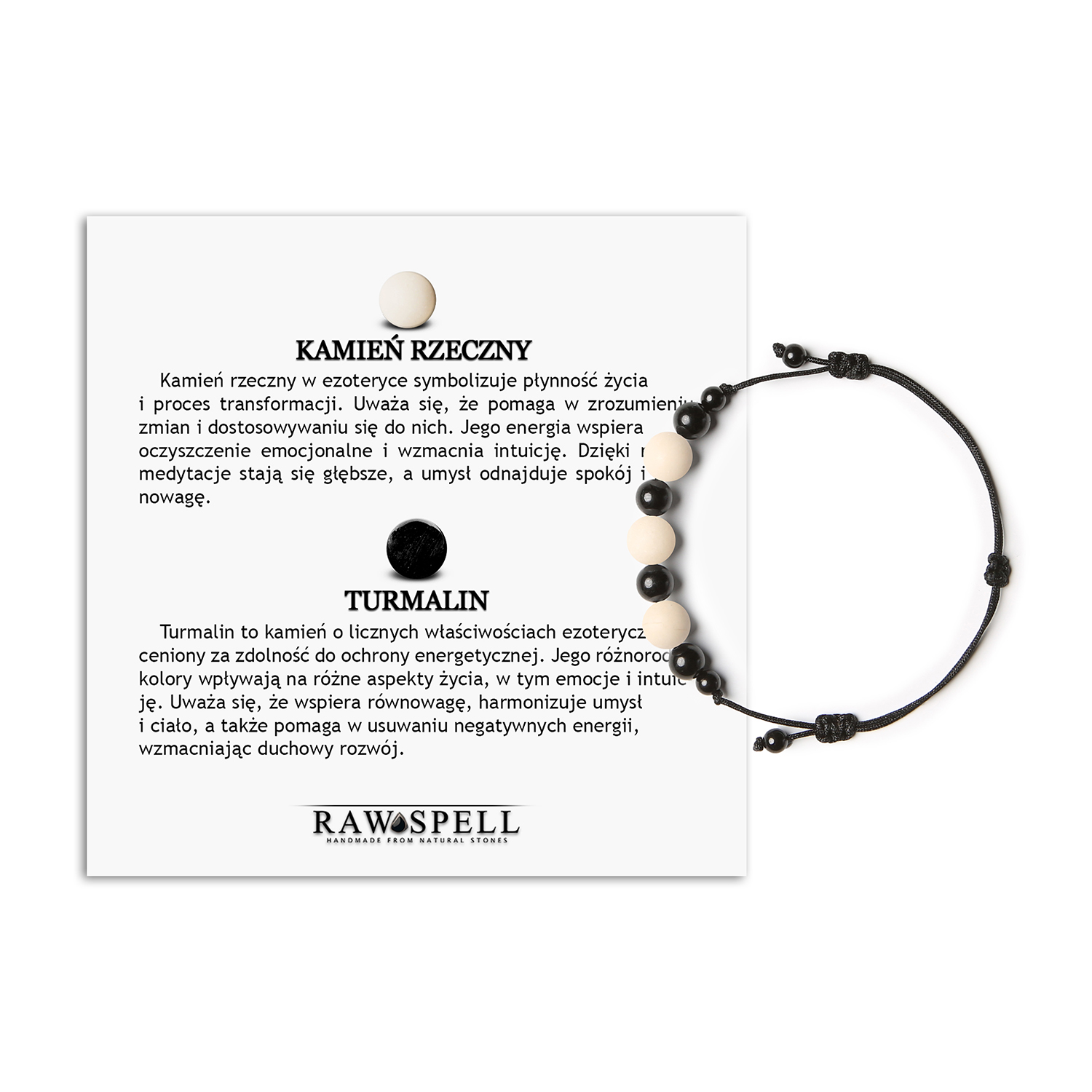 Bransoletka na sznurku z kolekcji Haka, z kamieniem rzecznym i turmalinem, idealna dla kobiet i mężczyzn Stylowa bransoletka z kolekcji Haka, zawierająca naturalne kamienie rzeczne i turmalin, dostępna w wersji damskiej i męskiej.