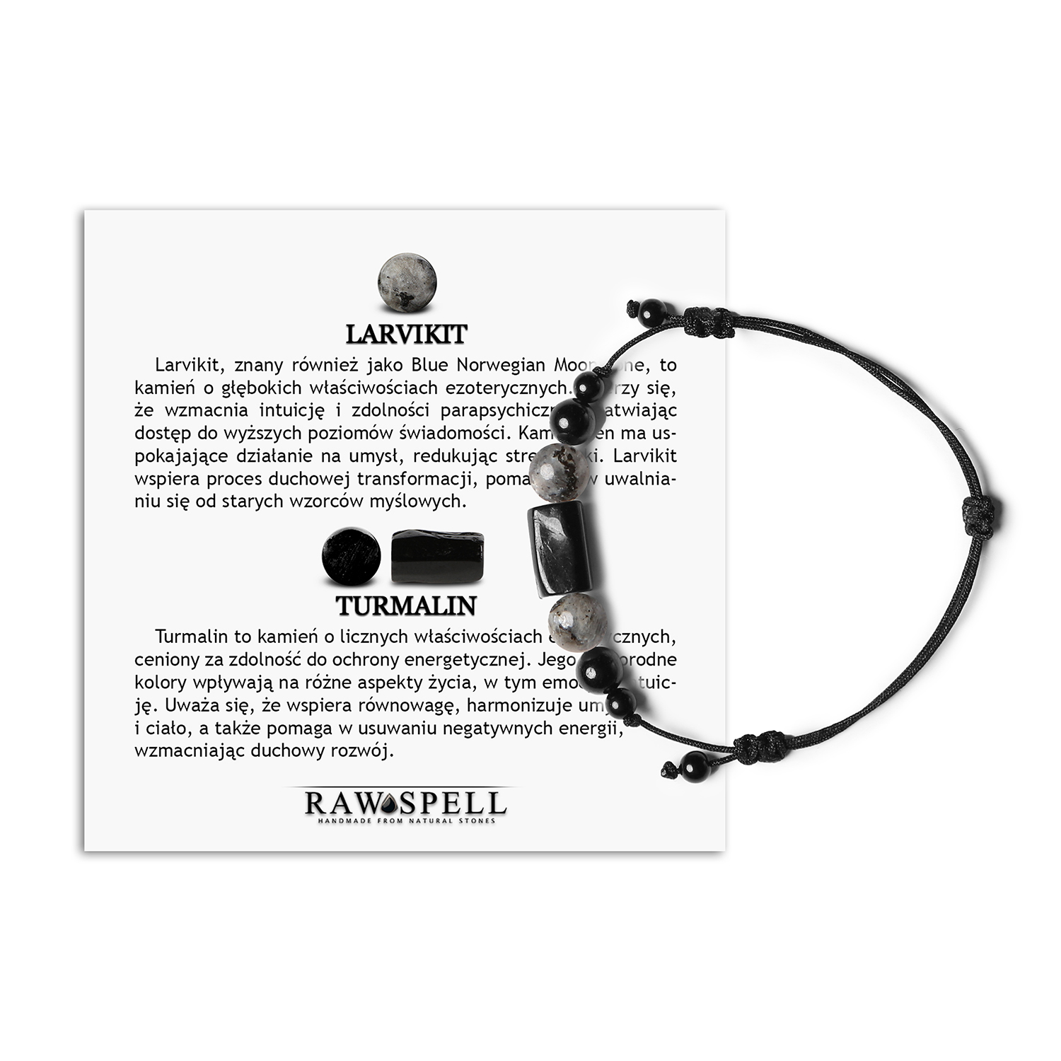 Bransoletka na sznurku z kolekcji Inare, stworzona z larvikitu i turmalinu, dostępna w wersji damskiej i męskiej Bransoletka Inare z naturalnych kamieni: elegancki larvikit i turmalin, dostępna dla obu płci.