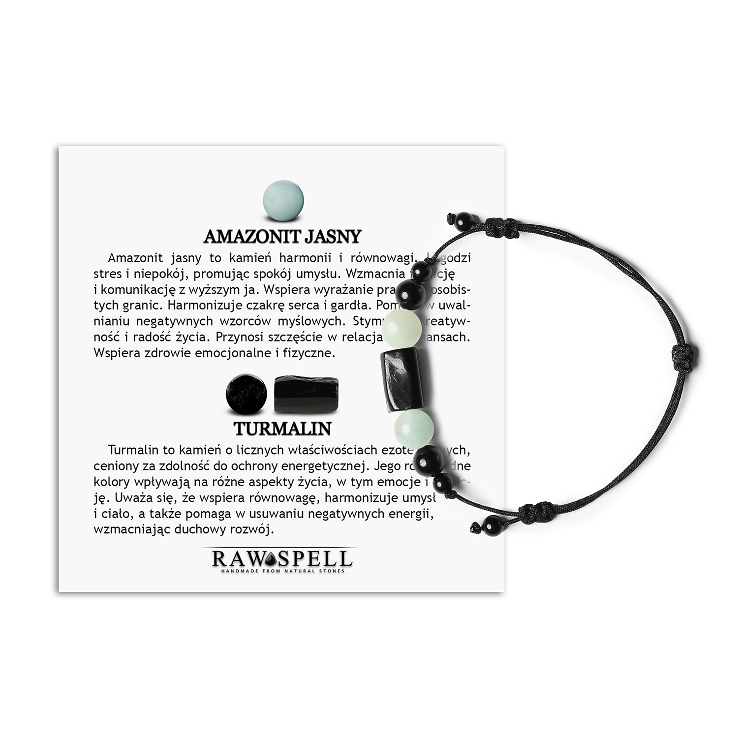 Bransoletka na sznurku z kolekcji Inare w kolorze jasnego amazonitu i turmalinu, dostępna w wersjach damskiej i męskiej Bransoletka z kolekcji Inare wykonana z naturalnych kamieni - jasny amazonit i turmalin, dostępna w wersji damskiej i męskiej.