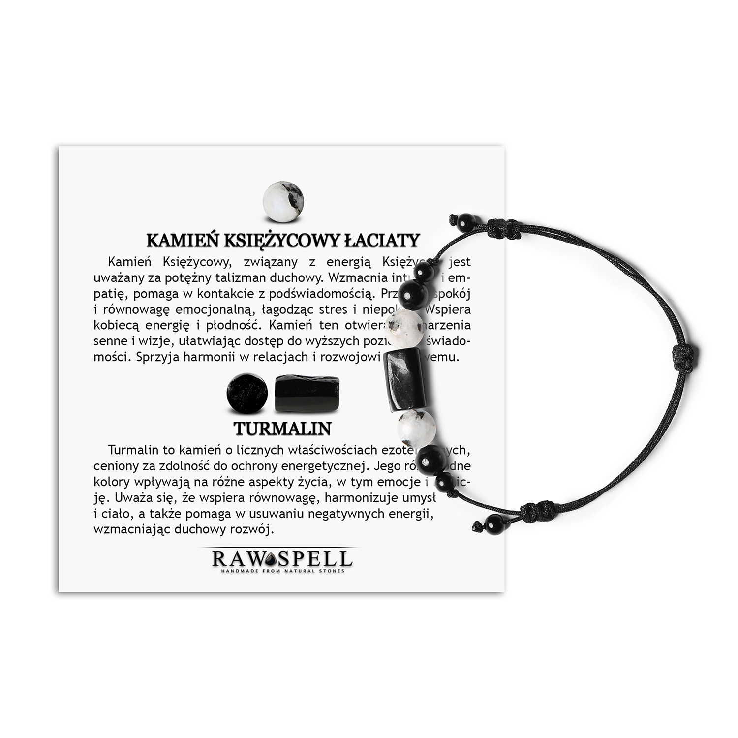 Bransoletka na sznurku z kolekcji Inare z Kamieniem Księżycowym Łaciatym i Turmalinem — dostępna dla kobiet i mężczyzn Stylowa bransoletka Inare z naturalnych kamieni, w składzie Łaciaty Kamień Księżycowy i Turmalin, idealna dla kobiet i mężczyzn.