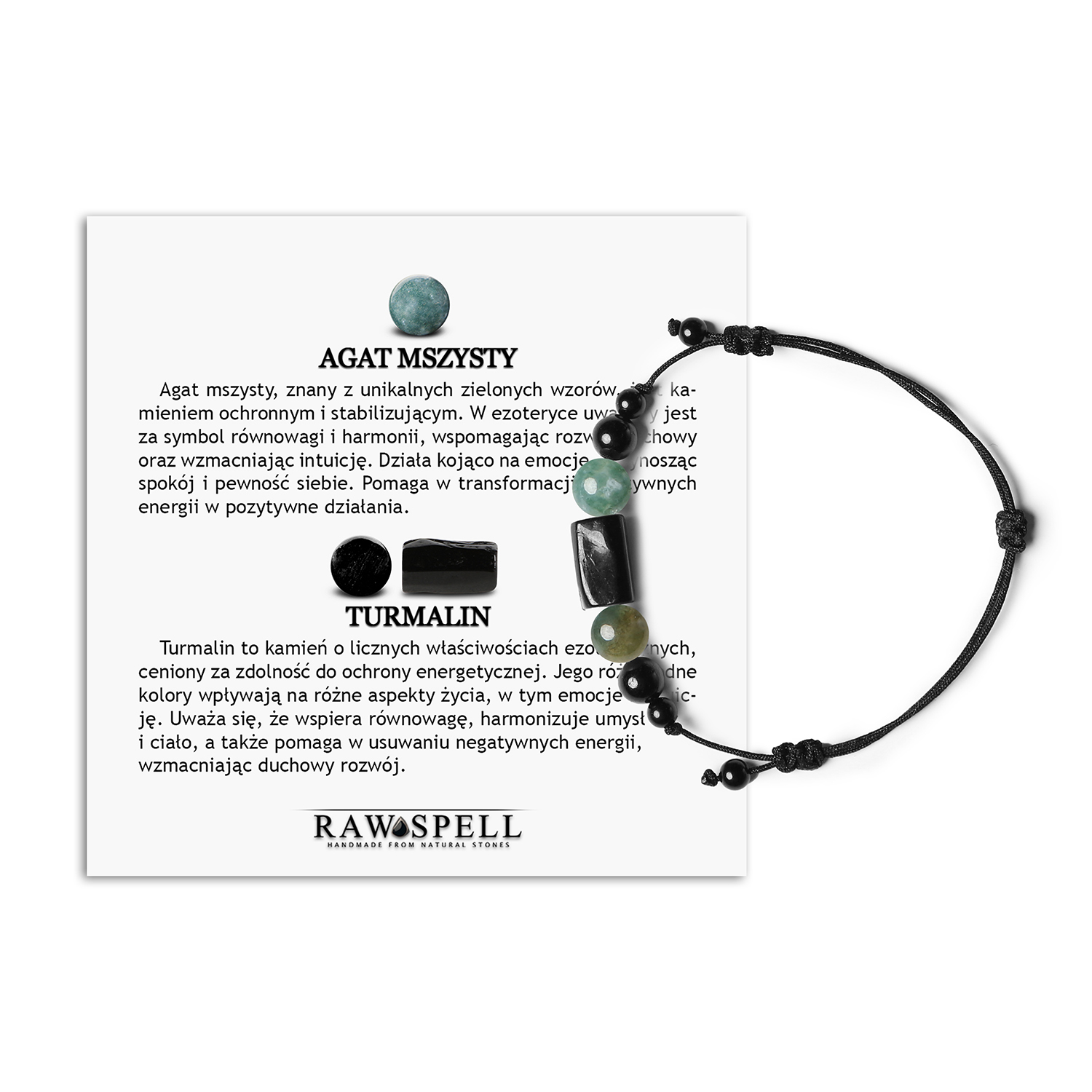 Bransoletka na sznurku z kolekcji Inare z agatami mszystymi i turmalinem, dostępna w wersji damskiej i męskiej Modna bransoletka z kolekcji Inare, zdobiona agatami mszystymi i turmalinem, dostępna w wersji damskiej i męskiej.