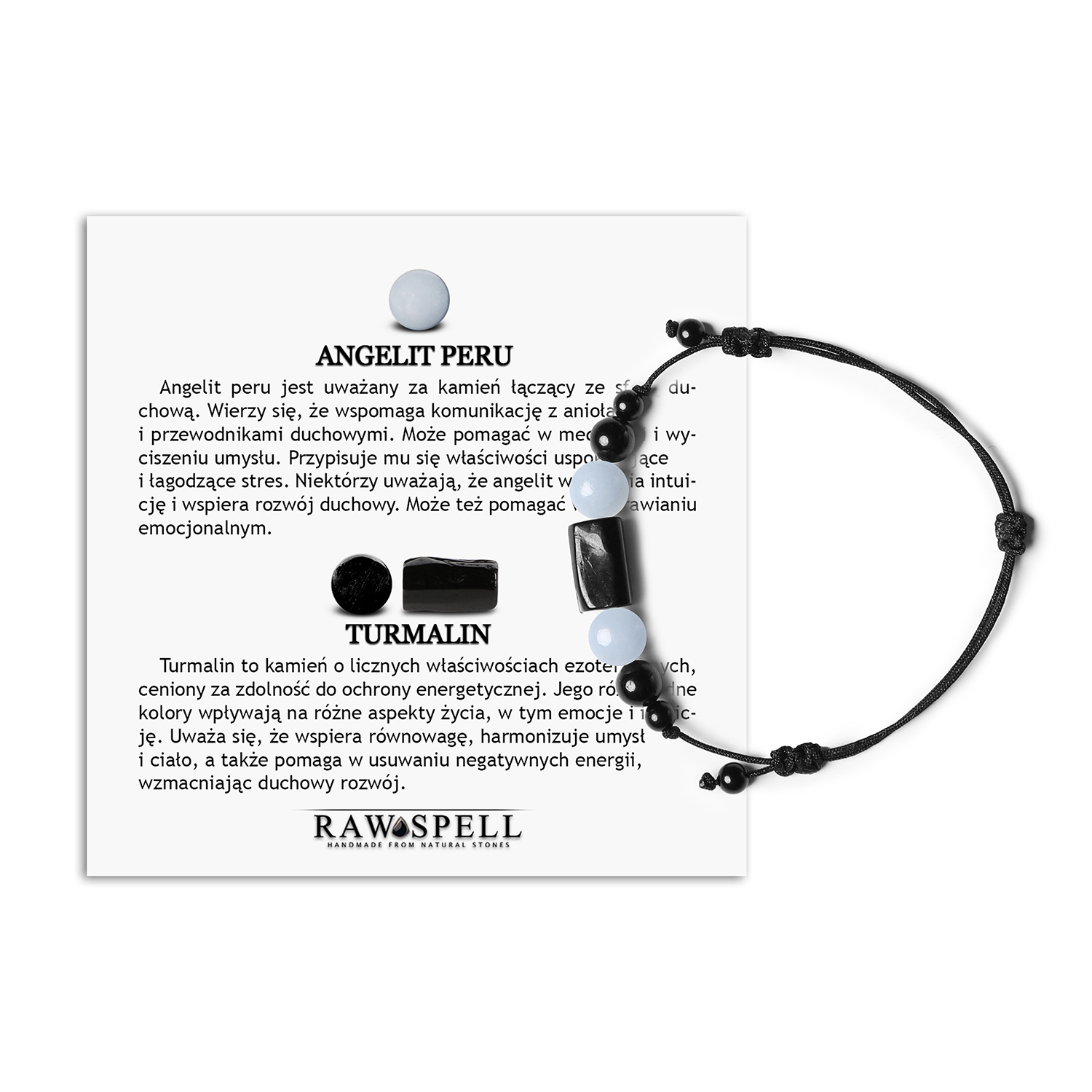 Bransoletka na sznurku z kolekcji Inare z angelitem z Peru i turmalinem, dedykowana dla kobiet i mężczyzn Bransoletka z kolekcji Inare, wykonana z naturalnego angelitu z Peru oraz turmalinu, dostępna w wersjach dla kobiet i mężczyzn.