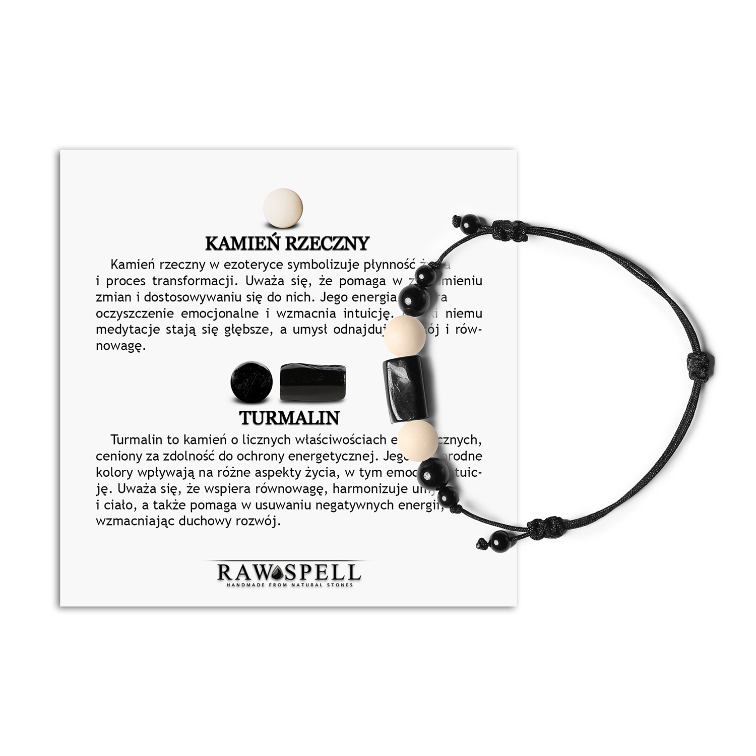 Bransoletka na sznurku z kolekcji Inare z kamieniem rzecznym i turmalinem, dla kobiet i mężczyzn Bransoletka z kolekcji Inare, ozdobiona kamieniem Turmalin, który jest symbolem siły i wytrwałości, idealna dla wszystkich, którzy cenią sobie niezależność i odwagę.