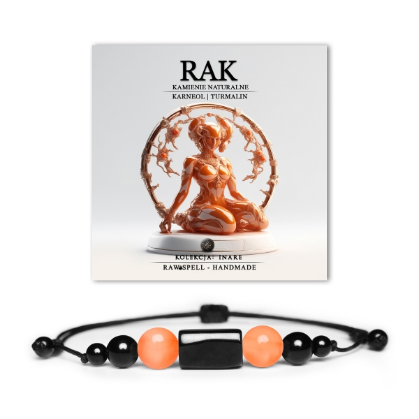 Stylowa bransoletka z kamieni naturalnych, symbolizująca znak Raka, wykonana z karneolu i turmalinu, dostępna dla kobiet i mężczyzn.