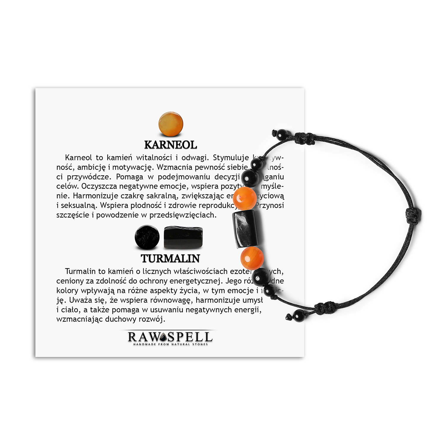 Bransoletka na sznurku z kolekcji Inare z karneolem i turmalinem dla niej i dla niego Bransoletka Inare z kamieniami naturalnymi: karneol i turmalin, idealna dla kobiet i mężczyzn.