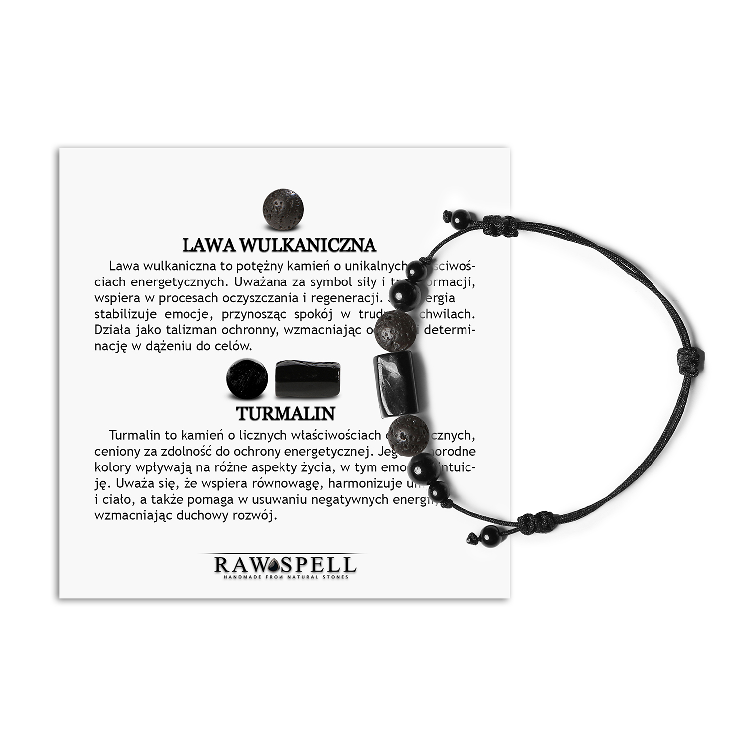 Bransoletka na sznurku z kolekcji Inare z lawą wulkaniczną i turmalinem, dostępna w wersji damskiej i męskiej Uniwersalna bransoletka Inare z lawy wulkanicznej i turmalinu – eleganckie akcesorium dla mężczyzn i kobiet, stworzone z naturalnych kamieni.