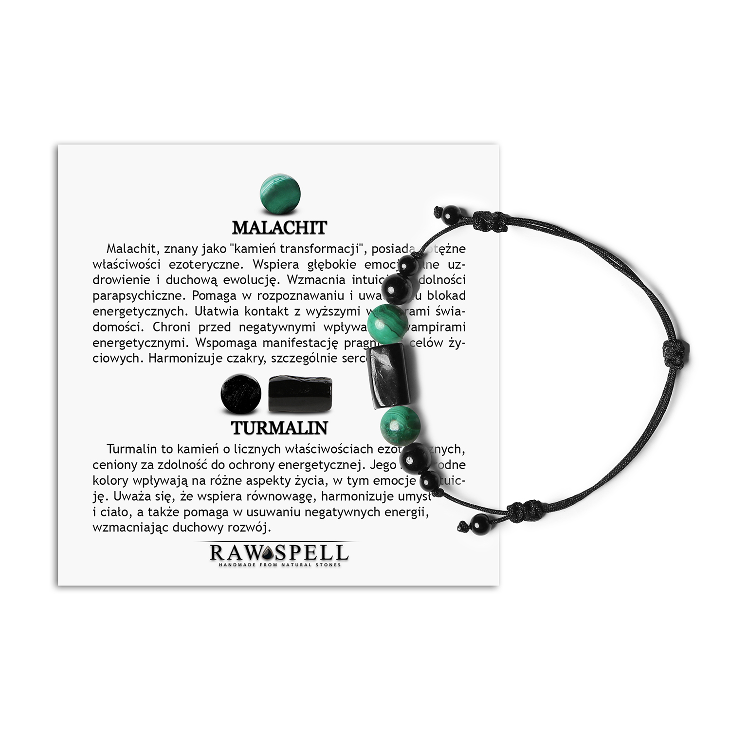 Bransoletka na sznurku z kolekcji Inare z malachitem i turmalinem dla niej i dla niego Elegancka bransoletka z kolekcji Inare, ozdobiona malachitem i turmalinem, odpowiednia dla każdego - damska i męska.