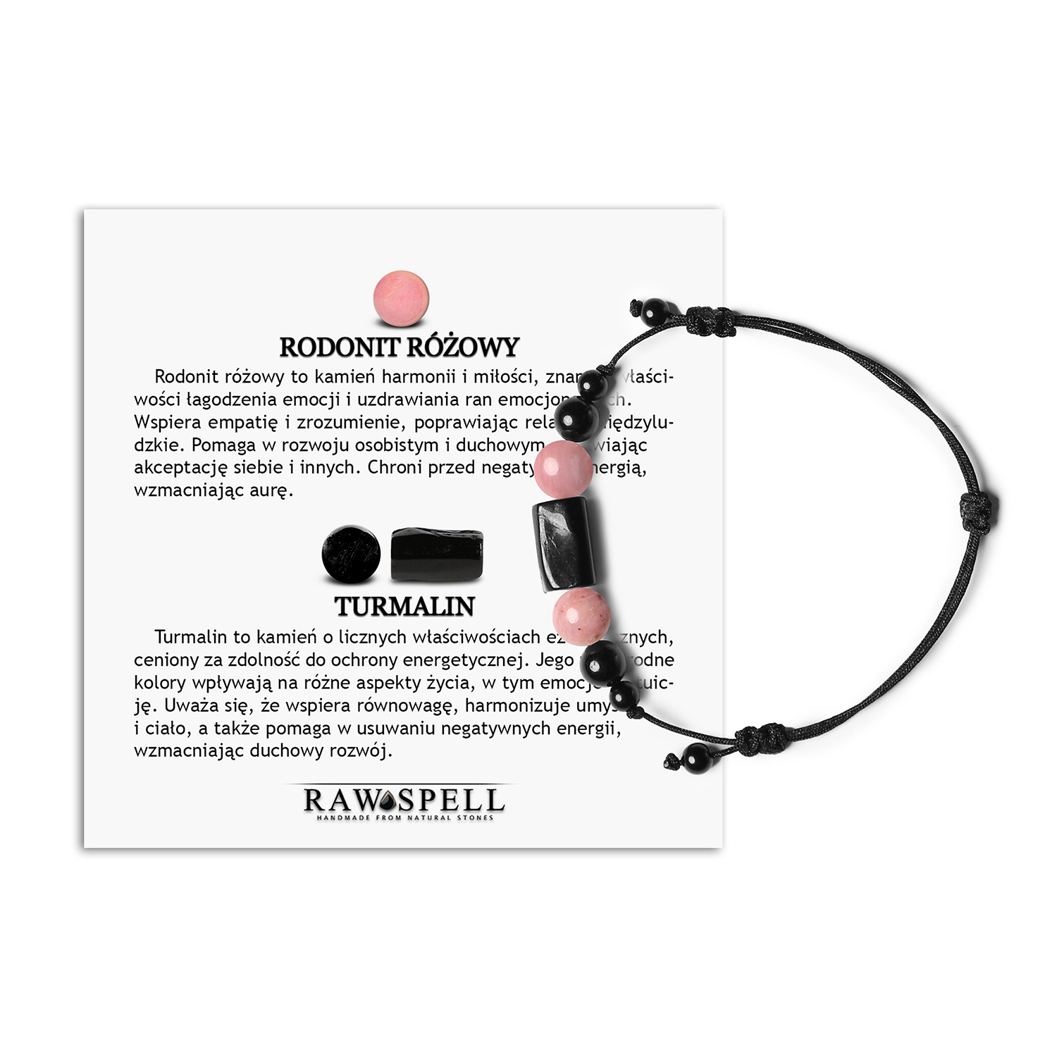 Bransoletka na sznurku z kolekcji Inare z rodonitem różowym i turmalinem, damska oraz męska Elegancka bransoletka Inare z kamieniami naturalnymi: rodonit różowy i turmalin, idealna dla obu płci.