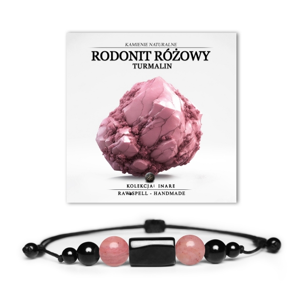 Bransoletka unisex z kolekcji Inare, ozdobiona kamieniami rodonitu różowego i turmalinu, łącząca styl i naturę.