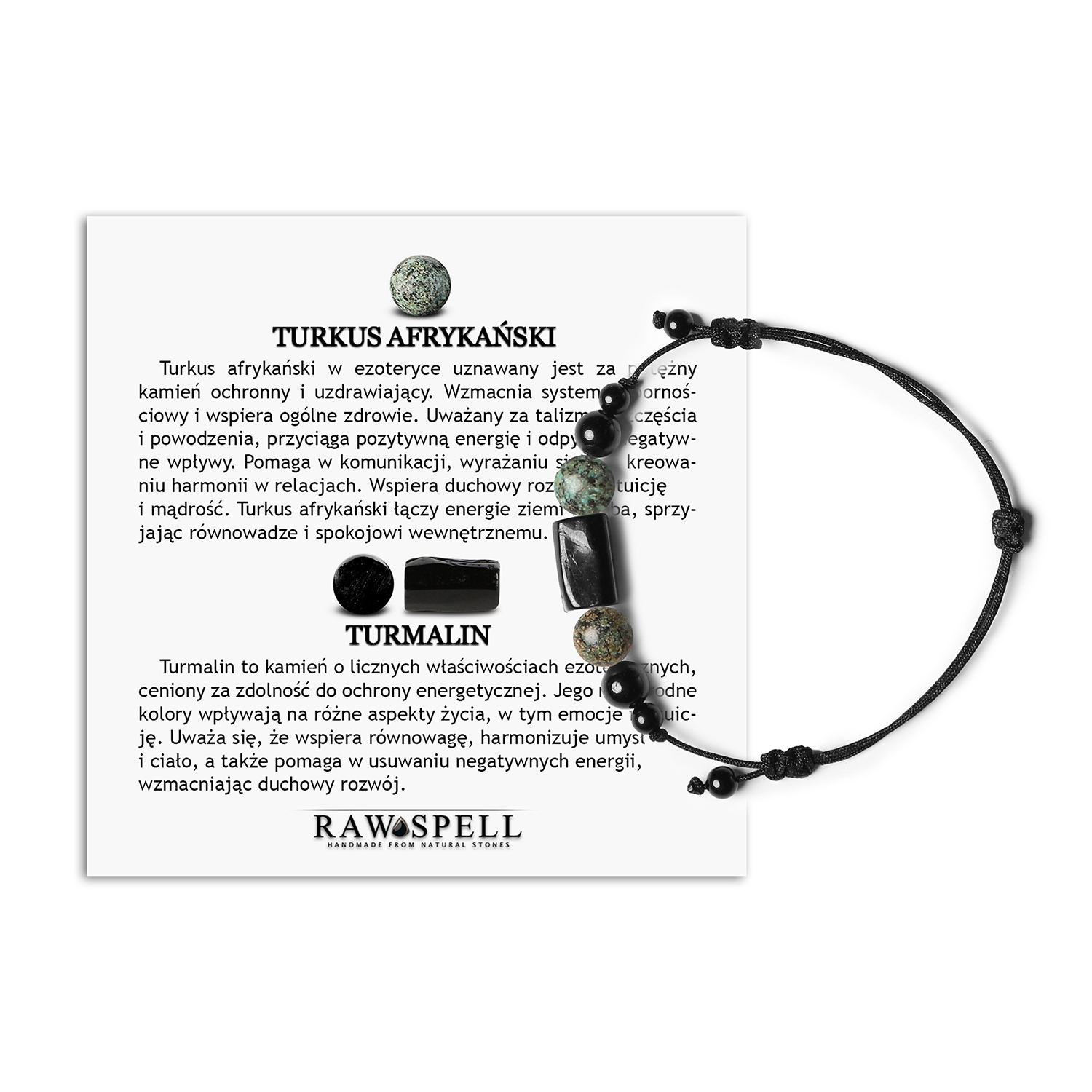 Bransoletka na sznurku z kolekcji Inare z turkusem afrykańskim i turmalinem, dostępna w wersji damskiej i męskiej Bransoletka z kolekcji Inare, wykonana z naturalnych kamieni: Turkus Afrykański i Turmalin, dostępna w wersji damskiej i męskiej.