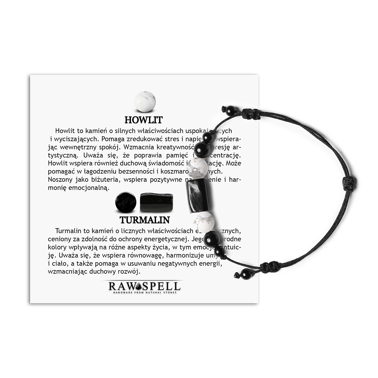 Bransoletka na sznurku z kolekcji Inare – Howlit, Turmalin, dla kobiet i mężczyzn Bransoletka z kolekcji Inare z naturalnymi kamieniami Howlit i Turmalin, dostępna w wersji unisex dla kobiet i mężczyzn.