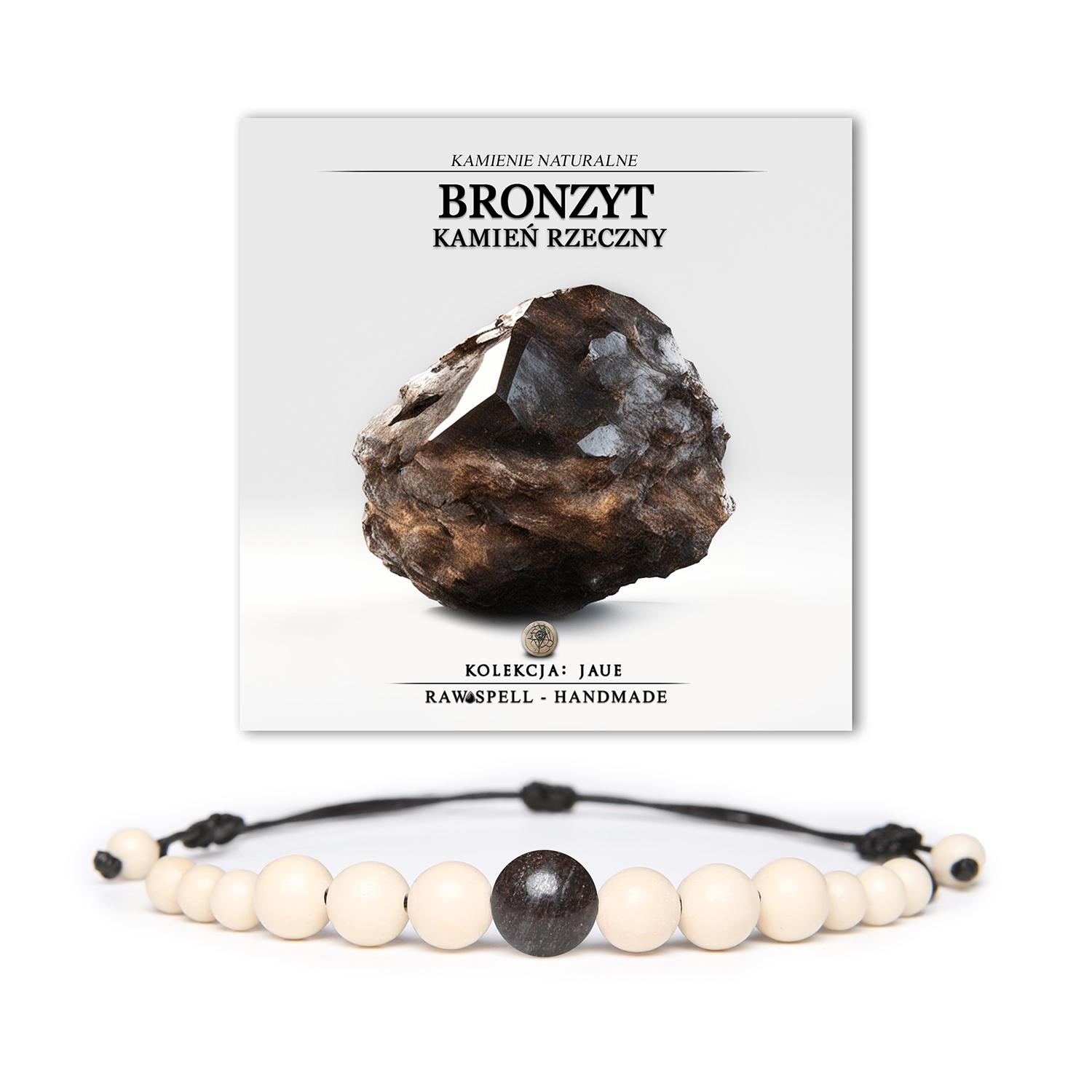 Bransoletka z kolekcji Jaue, łącząca naturalny bronzyt i kamień rzeczny, dostępna zarówno dla kobiet, jak i mężczyzn.