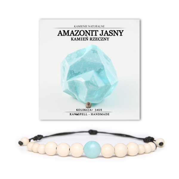 Elegancka bransoletka z naturalnych kamieni, w tym jasnego amazonitu i kamienia rzecznego, dostępna w kolekcji Jaue dla kobiet i mężczyzn.