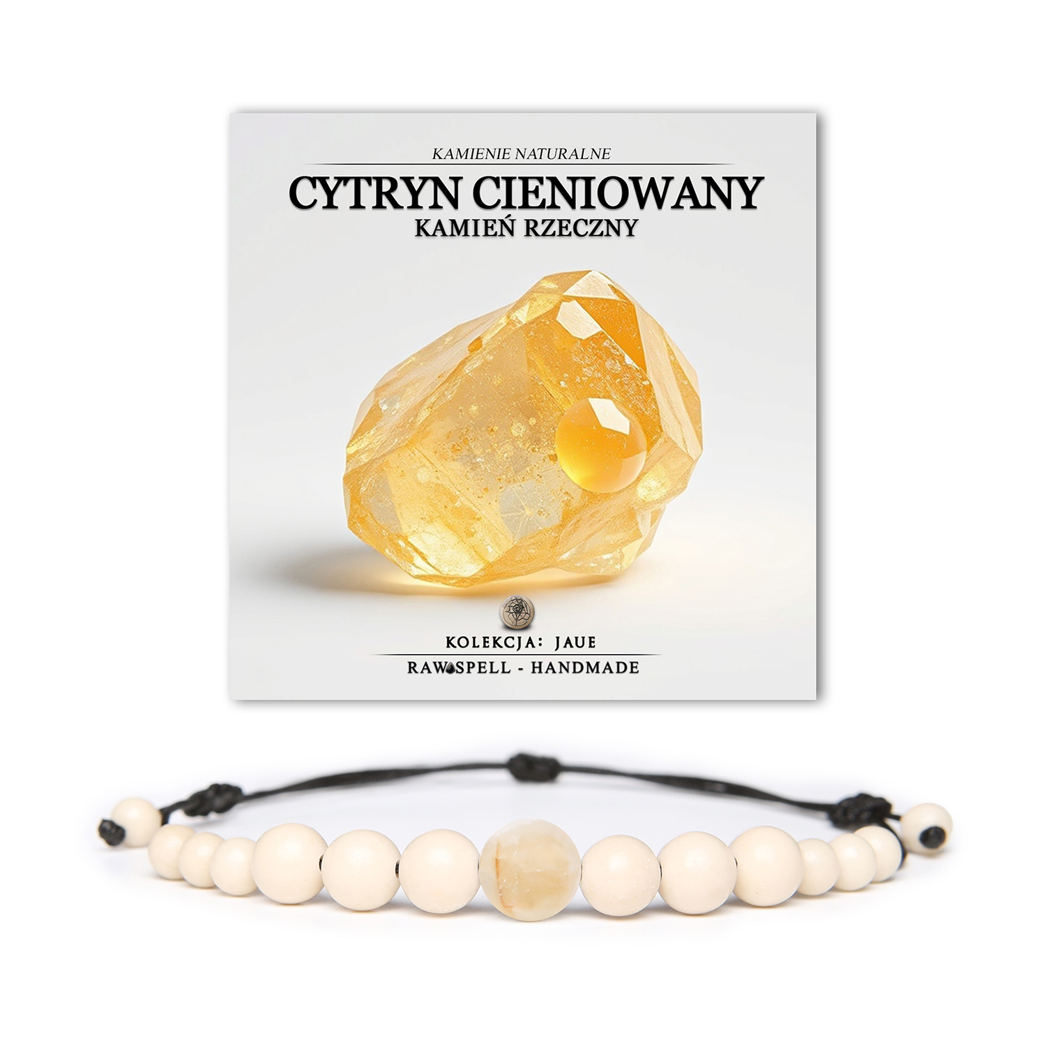 Bransoletka Jaue z kamiennymi elementami: cytryn cieniowany i kamień rzeczny, dedykowana zarówno dla pań, jak i panów.