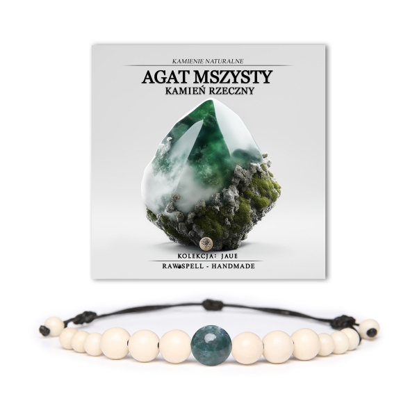 Bransoletka z naturalnych kamieni – Agat Mszysty i Kamień Rzeczny, dostępna w kolekcji Jaue dla obu płci.