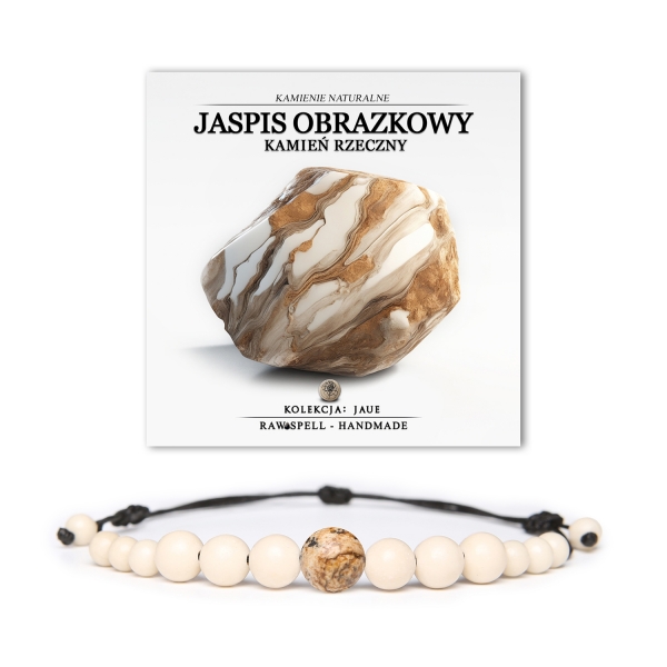 Elegancka bransoletka z kolekcji Jaue, zawierająca kamień rzeczny i jaspis obrazkowy, odpowiednia dla zarówno dla pań, jak i panów.