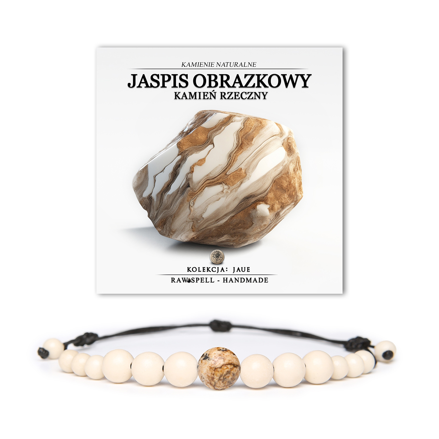 Elegancka bransoletka z kolekcji Jaue, zawierająca kamień rzeczny i jaspis obrazkowy, odpowiednia dla zarówno dla pań, jak i panów.