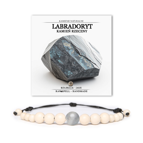Bransoletka unisex z kolekcji Jaue, zdobiona labradorytem i kamieniem rzecznym, dla miłośników naturalnych akcesoriów.
