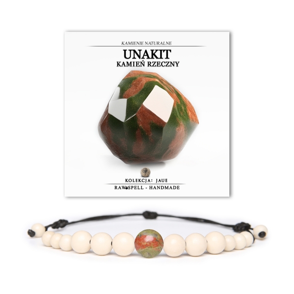 Bransoletka z kolekcji Jaue z unakitem i kamieniem rzecznym, dostępna w wersji damskiej i męskiej.