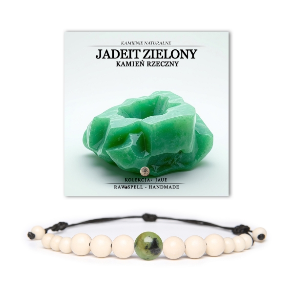 Elegancka bransoletka z kolekcji Jaue, łącząca zielony jadeit i kamień rzeczny, dostępna w wersji dla kobiet i mężczyzn.