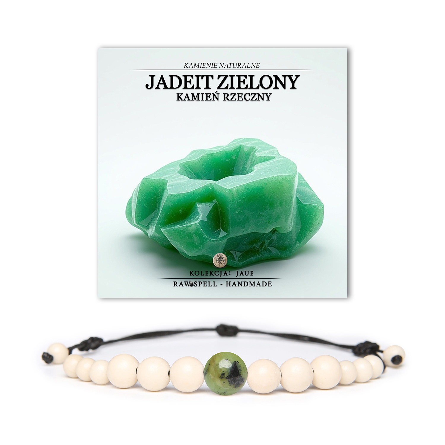 Elegancka bransoletka z kolekcji Jaue, łącząca zielony jadeit i kamień rzeczny, dostępna w wersji dla kobiet i mężczyzn.