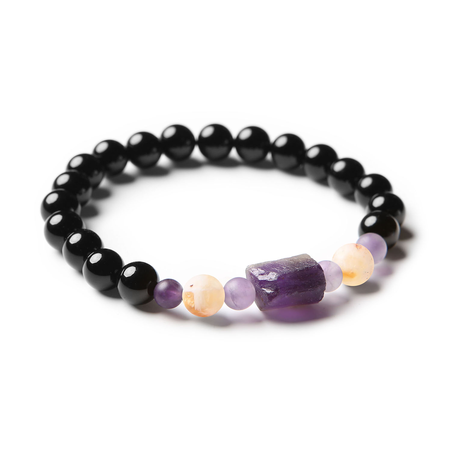 Stylowa bransoletka z kolekcji Kema dla kobiet i mężczyzn, zdobiona naturalnymi kamieniami – cytrynem cieniowanym, ametystem i onyksami.