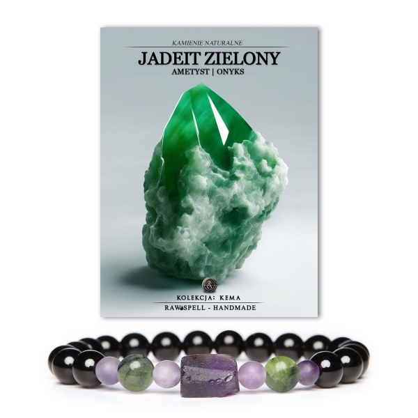 Stylowa bransoletka Kema z naturalnych kamieni - zielony jadeit, ametyst oraz onyks, doskonała dla obu płci.