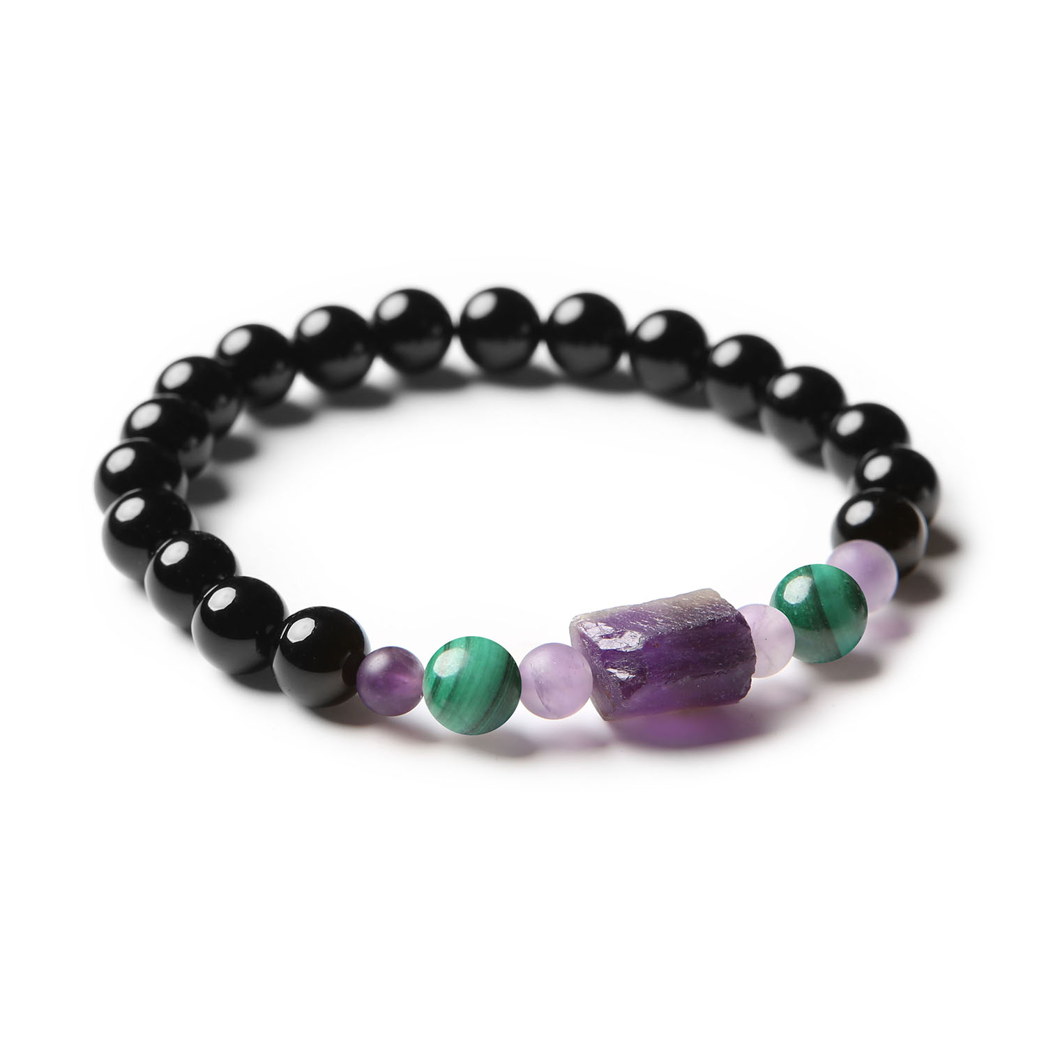 Stylowa bransoletka Kema z naturalnymi kamieniami: malachit, ametyst, onyks - uniwersalny dodatek dla kobiet i mężczyzn.