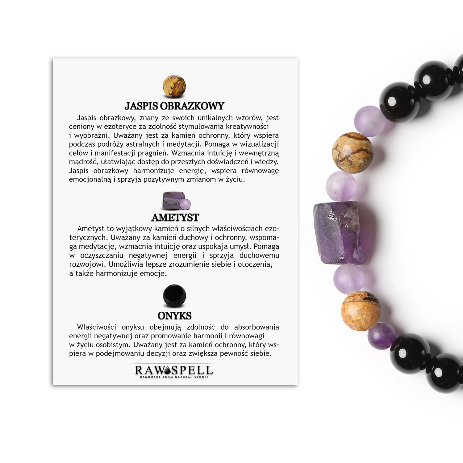 Bransoletka na sznurku z kolekcji Kema, z jaspisem obrazkowym, ametystem i onyksami, w wersji damskiej i męskiej Stylowa bransoletka Kema z naturalnymi kamieniami: jaspis obrazkowy, ametyst i onyks, pasująca zarówno do stylizacji damskich, jak i męskich.