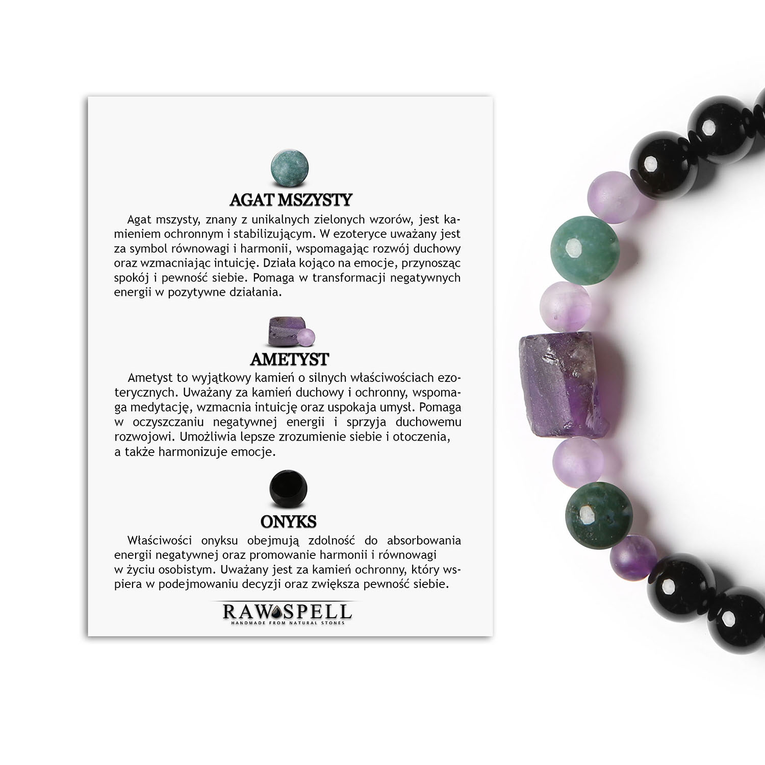 Bransoletka na sznurku z kolekcji Kema z kamieniami naturalnymi agat mszysty, ametyst, onyx, dostępna w wersji dla kobiet i mężczyz Bransoletka Kema z naturalnymi kamieniami: agat mszysty, ametyst i onyks, dostępna w wersji damskiej i męskiej.