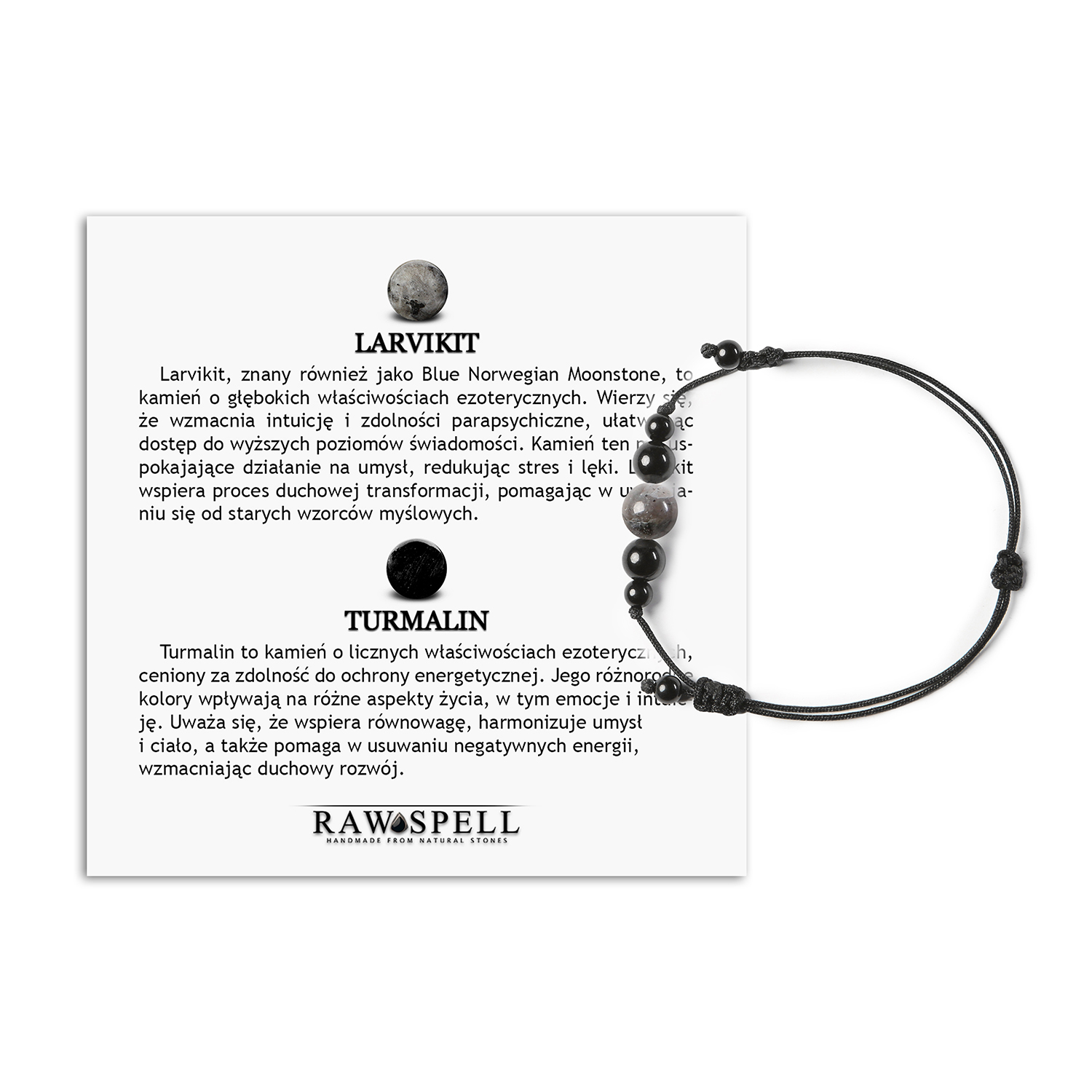 Bransoletka na sznurku z turmalinem i larvikitem z kolekcji Garie, idealna dla każdego Stylowa bransoletka Garie z naturalnymi kamieniami larvikitu i turmalinu, uniwersalna biżuteria dla każdego, zarówno damska, jak i męska.