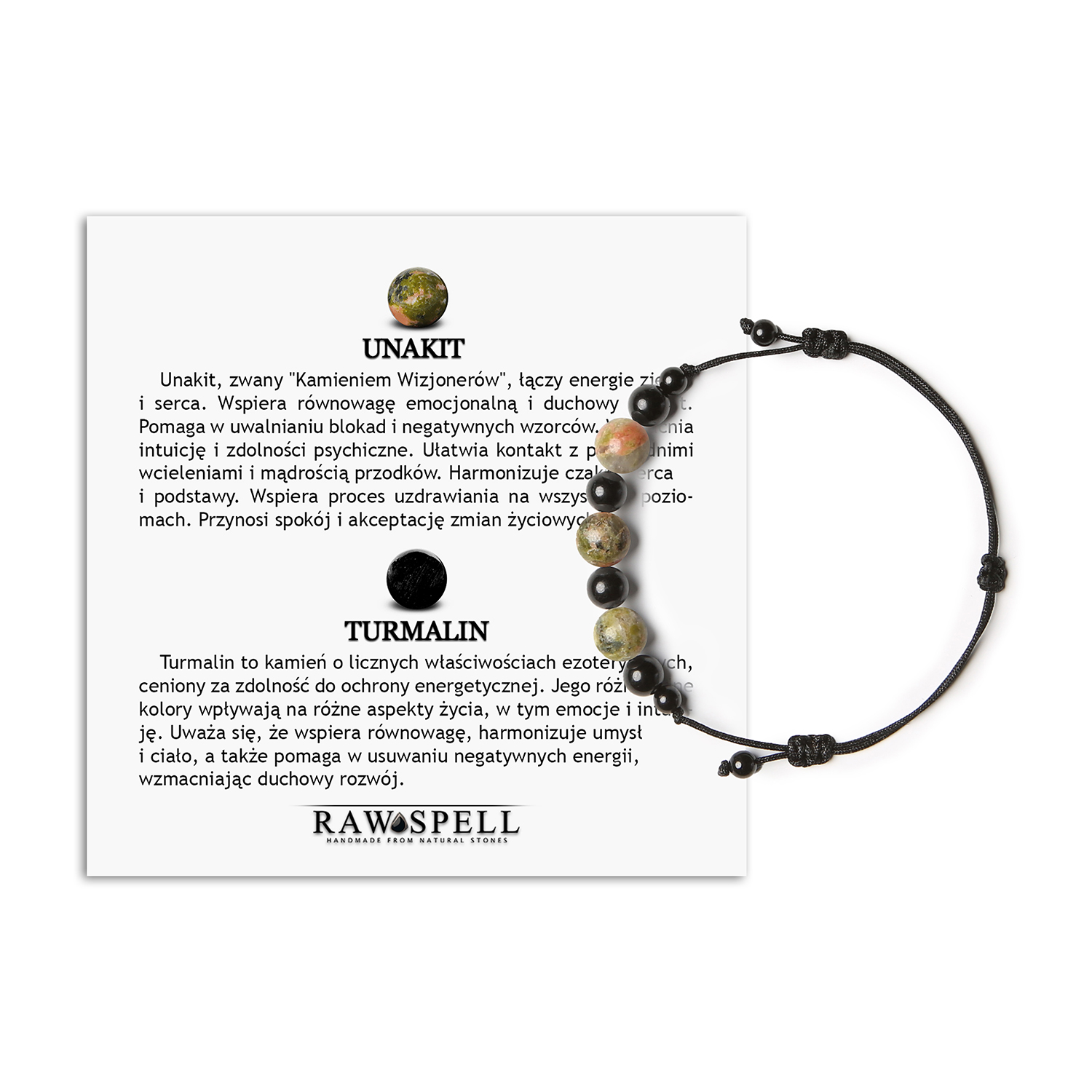 Bransoletka unikatowa na sznurku z kolekcji Haka, dostępna w wersji damskiej i męskiej z unakitem oraz turmalinem Elegancka bransoletka dla niej i dla niego z kolekcji Haka, ozdobiona kamieniami unakit oraz turmalin.