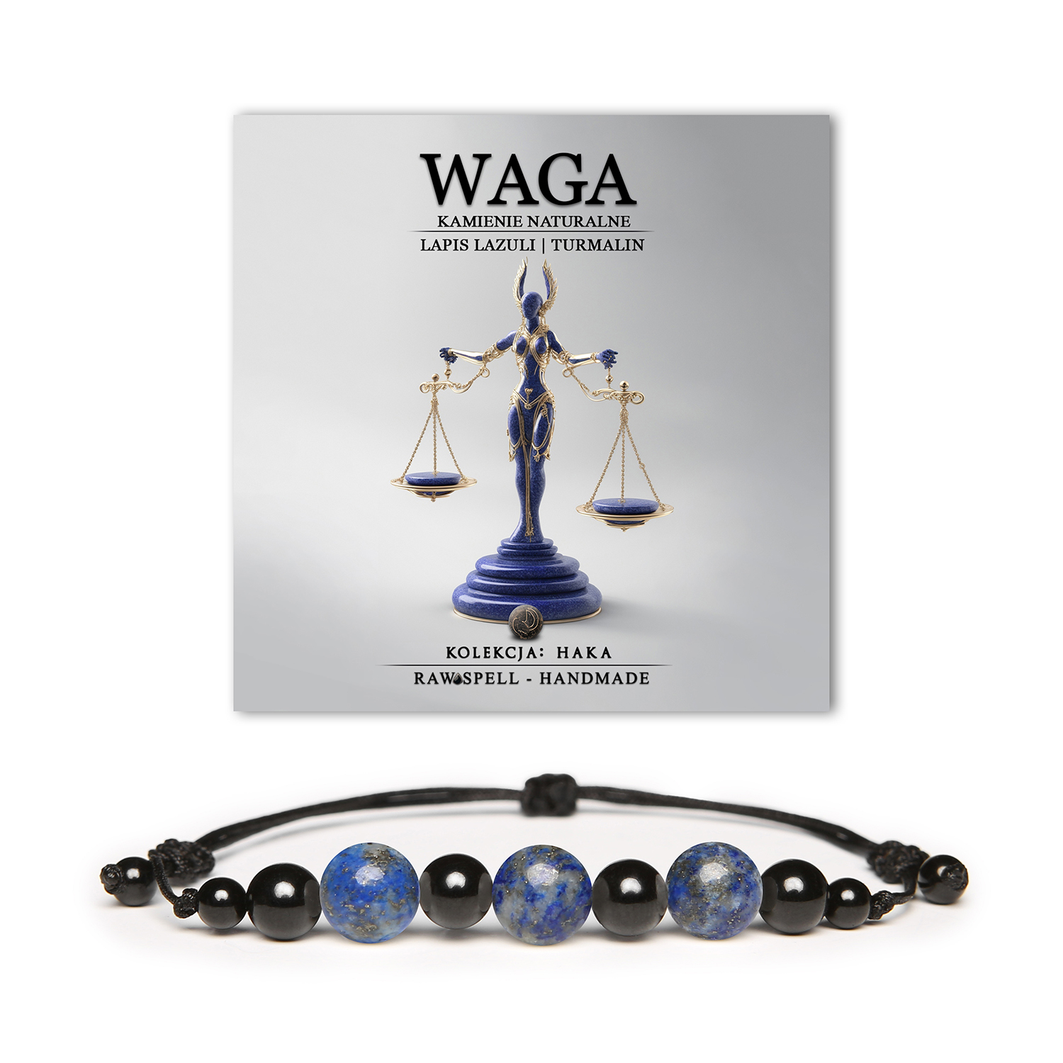 Bransoletka na sznurku z kamieni naturalnych inspirowana znakiem zodiaku Waga, zdobiona Lapis Lazuli i Turmalinem - kolekcja Haka.