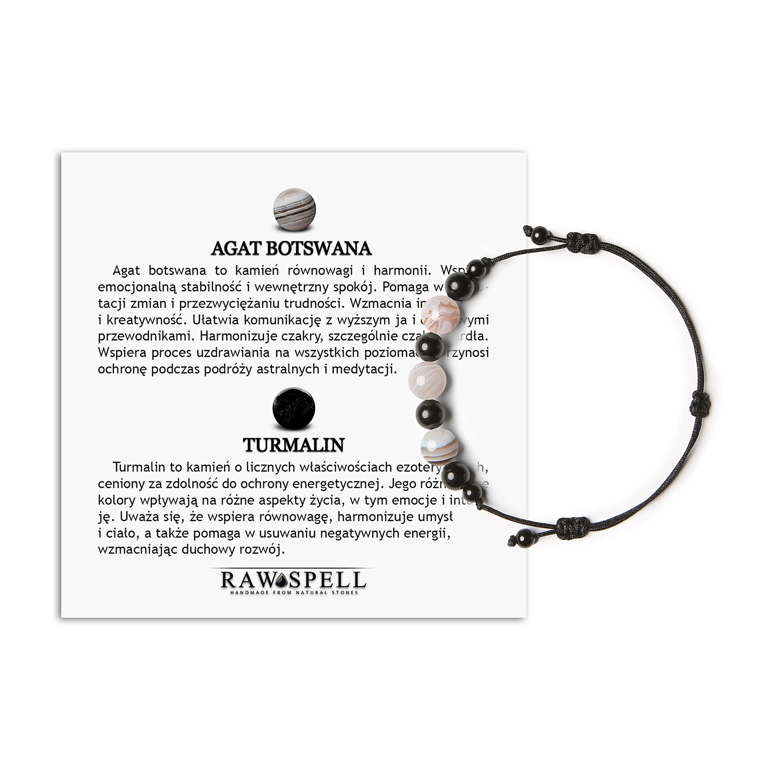 Bransoletka z Agatem Botswana i Turmalinem na sznurku z kolekcji Haka, dostępna dla kobiet i mężczyzn Bransoletka z kolekcji Haka ozdobiona naturalnymi kamieniami: agat Botswana i turmalin, dostępna w wersji damskiej i męskiej.