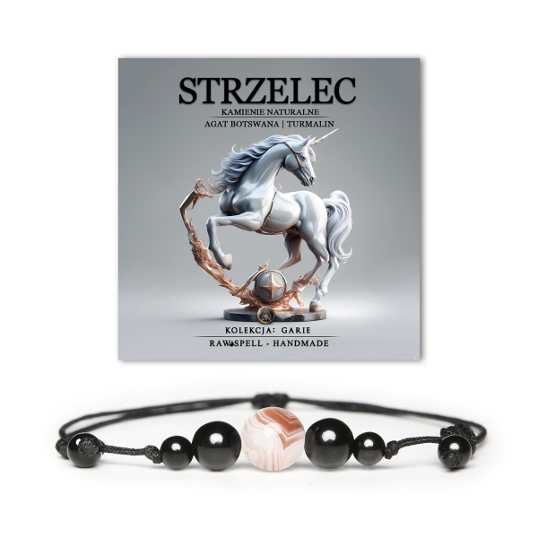 Bransoletka z naturalnych kamieni: agat Botswana i turmalin, symbolizująca niezależność Strzelca, dostępna w kolekcji Garie dla kobiet i mężczyzn.